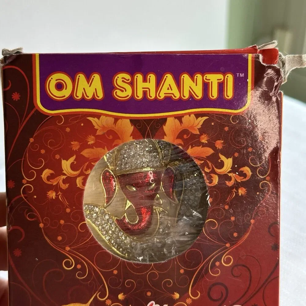 Om Shanti Ganesha Idol Figurine – Gold Red Jeweled Hindu Car Dashboard Statue